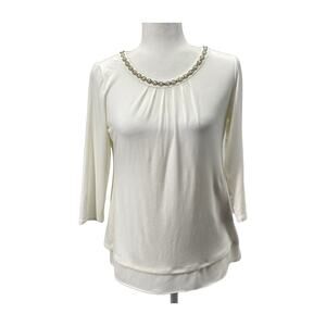 White House Black Market Ecru Pearl Embellished Blouse XS Tie Back